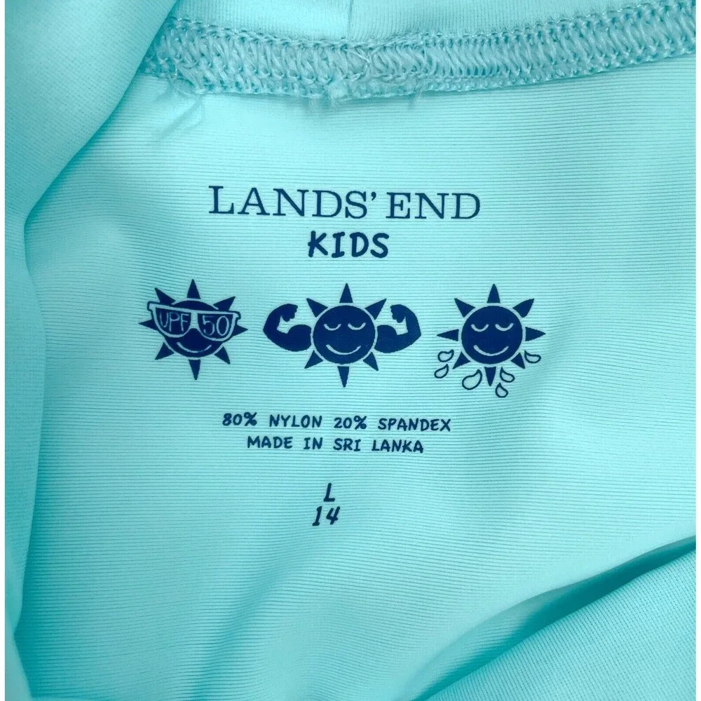 Lands’ End Girl L 14 Blue Short Sleeve Swim Suit Rash Guard Shirt Seahorse‎